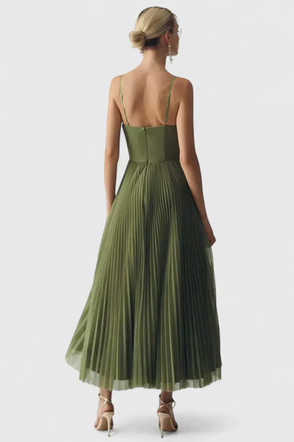 Calantha | Olive Elegant Dress with Pleated Skirt