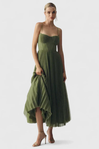 Calantha | Olive Elegant Dress with Pleated Skirt