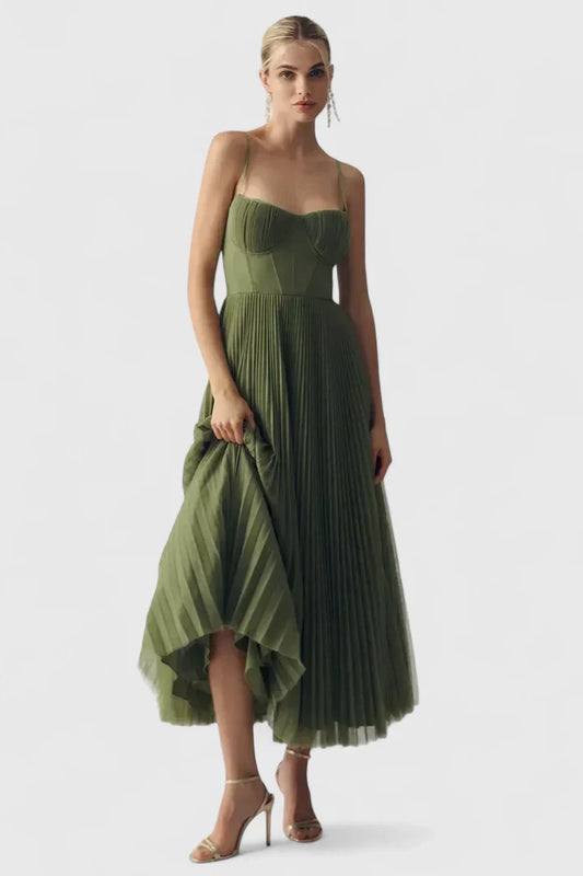 Calista | Olive Elegant Pleated Dress