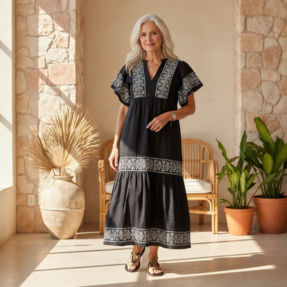 Astrid | Women’s Summer Boho V Neck Midi Dress in Black Embroidered