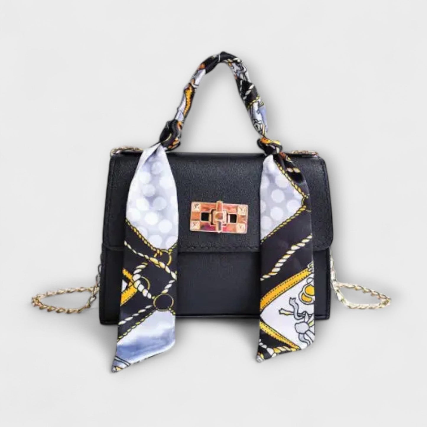 Astrid | Women’s Elegant Black Chain Handbag with Scarf Handle