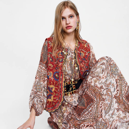 Astrid | Women’s Boho Floral Embroidered Open Front Vest Design