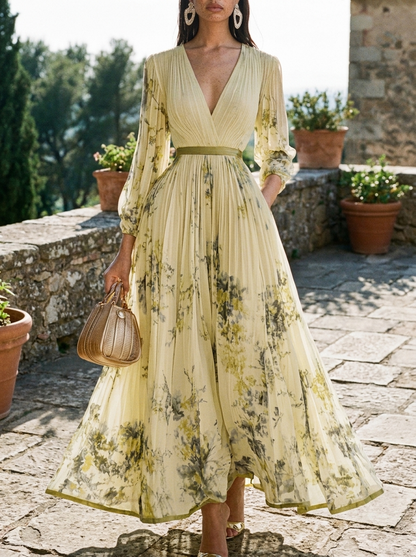 Calista | Elegant Pleated Maxi Dress in Floral White