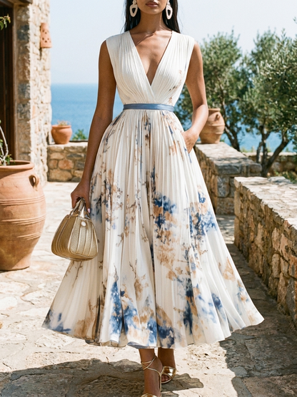 Calista | Elegant Pleated Maxi Dress in Floral White