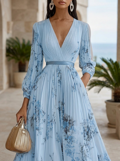 Calista | Elegant Pleated Maxi Dress in Floral White