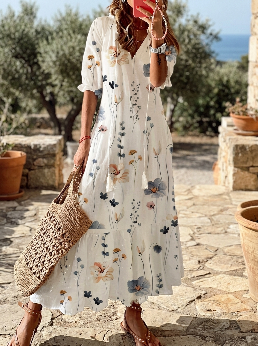 Calista | Women's Boho Floral Short Sleeve Maxi Dress in White Linen