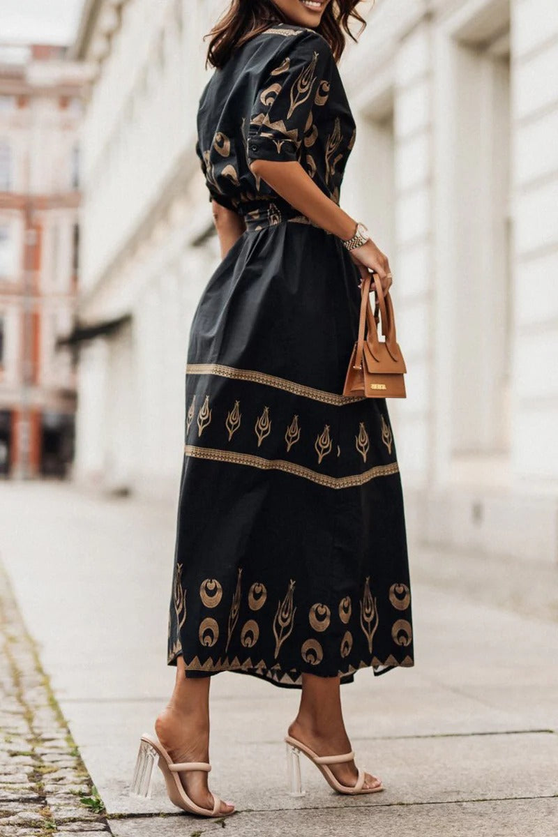 Astrid | Women's Boho Printed Belted Long Sleeve Midi Dress in Black Gold
