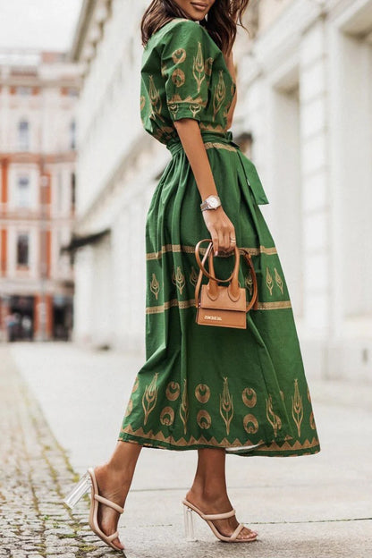 Astrid | Women's Boho Printed Belted Long Sleeve Midi Dress in Black Gold