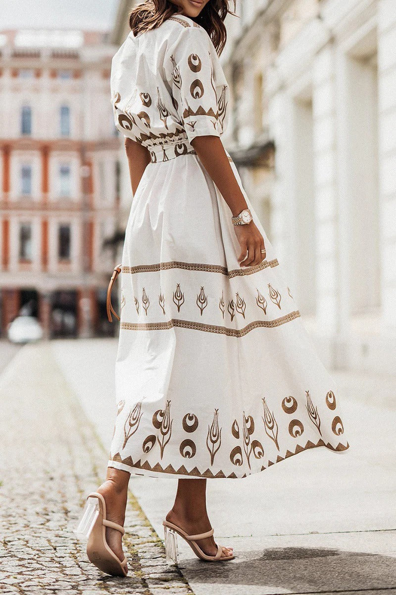 Astrid | Women's Boho Printed Belted Long Sleeve Midi Dress in Black Gold
