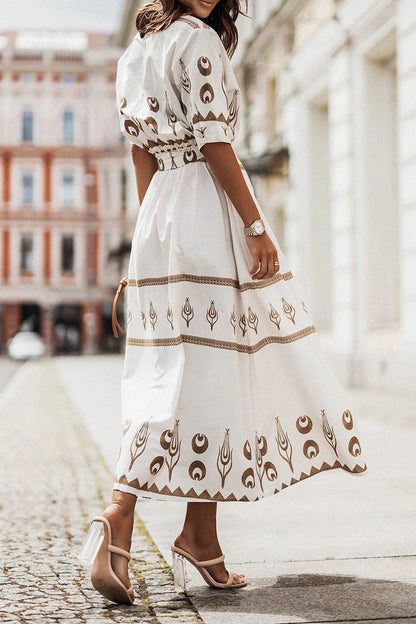 Astrid | Women's Boho Printed Belted Long Sleeve Midi Dress in Black Gold