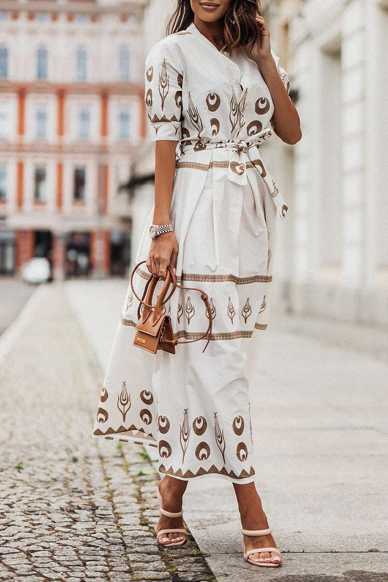 Astrid | Women's Boho Printed Belted Long Sleeve Midi Dress in Black Gold