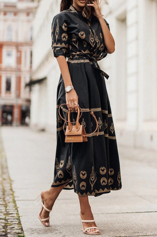 Astrid | Women's Boho Printed Belted Long Sleeve Midi Dress in Black Gold