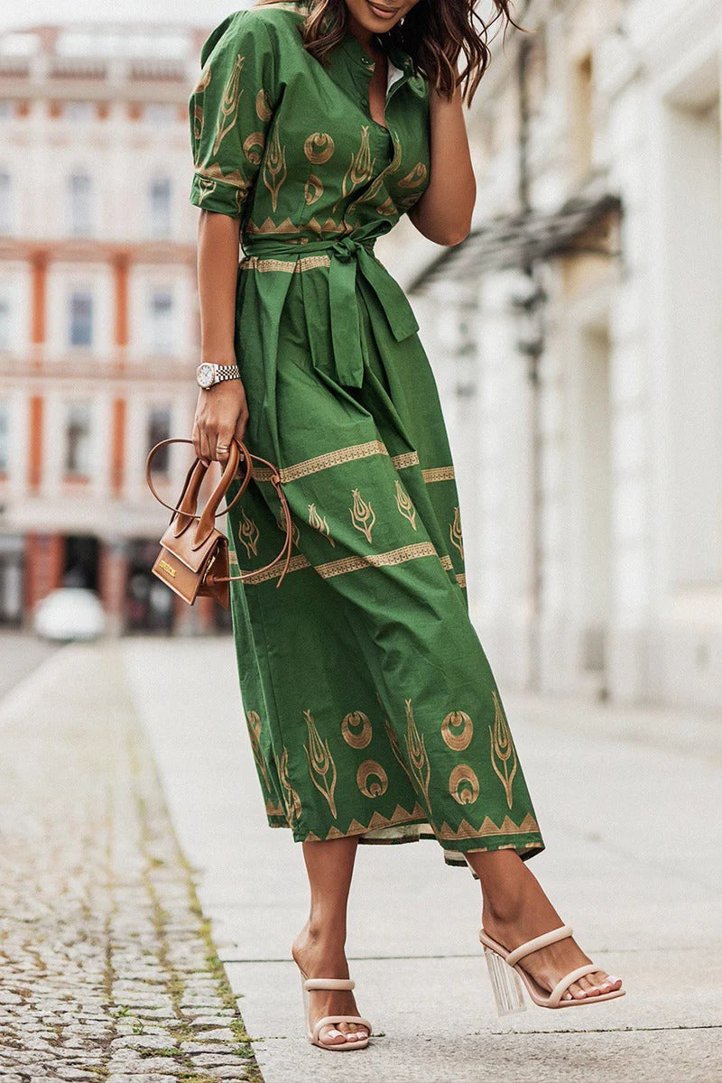 Astrid | Women's Boho Printed Belted Long Sleeve Midi Dress in Black Gold