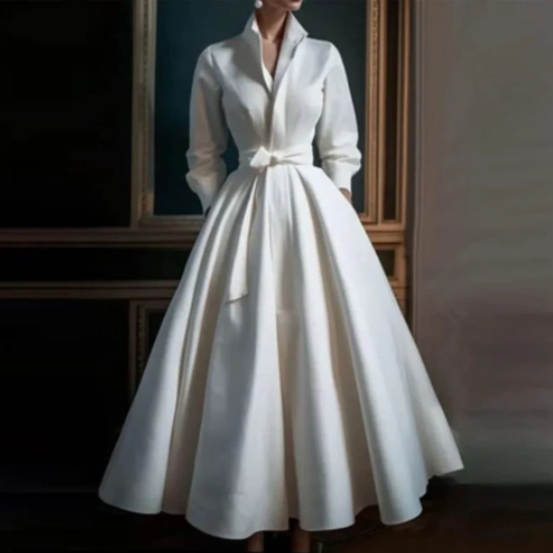 Adriana | Women’s Long Sleeve V Neck A Line Midi Dress in Luxe White Satin