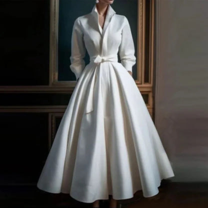 Adriana | Women’s Long Sleeve V Neck A Line Midi Dress in Luxe White Satin
