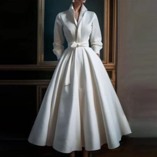 Adriana | Women’s Long Sleeve V Neck A Line Midi Dress in Luxe White Satin