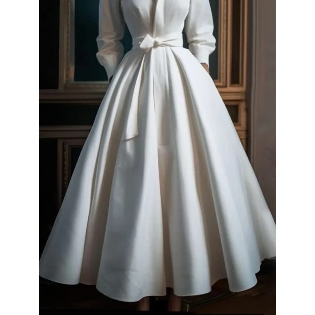 Adriana | Women’s Long Sleeve V Neck A Line Midi Dress in Luxe White Satin