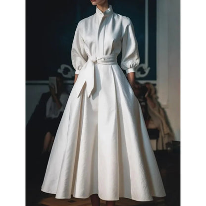 Adriana | Women’s Long Sleeve V Neck A Line Midi Dress in Luxe White Satin
