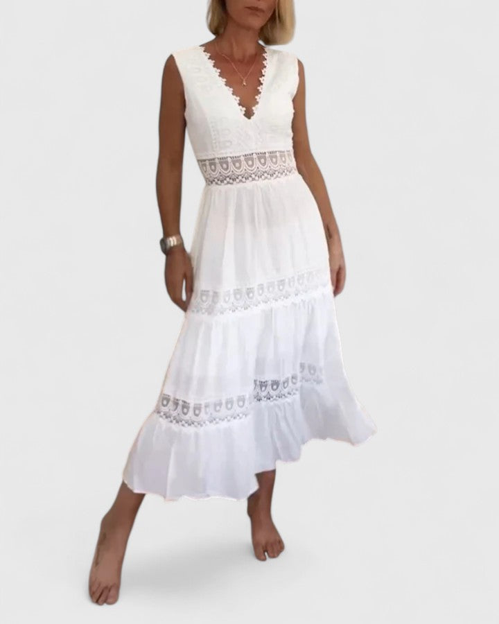 Calista | Exquisite White Lace Trim Midi Dress