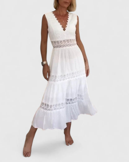 Calista | Exquisite White Lace Trim Midi Dress