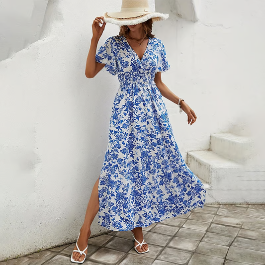 Astrid | Women's Boho Chic Blue Floral Printed V Neck Short Sleeve Maxi Dress