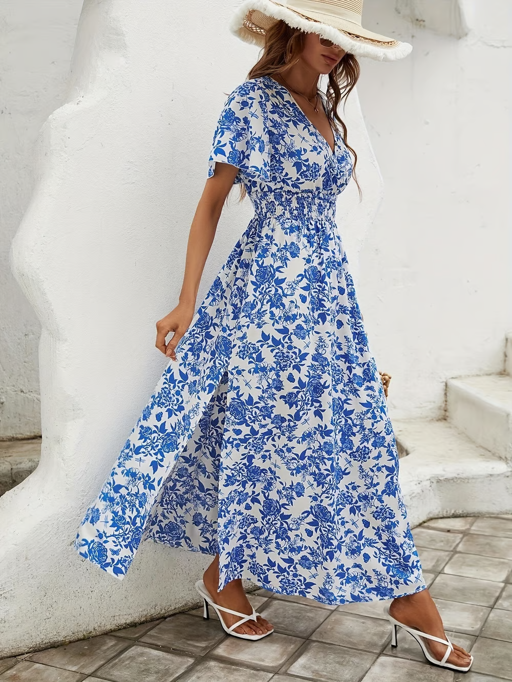 Astrid | Women's Boho Chic Blue Floral Printed V Neck Short Sleeve Maxi Dress