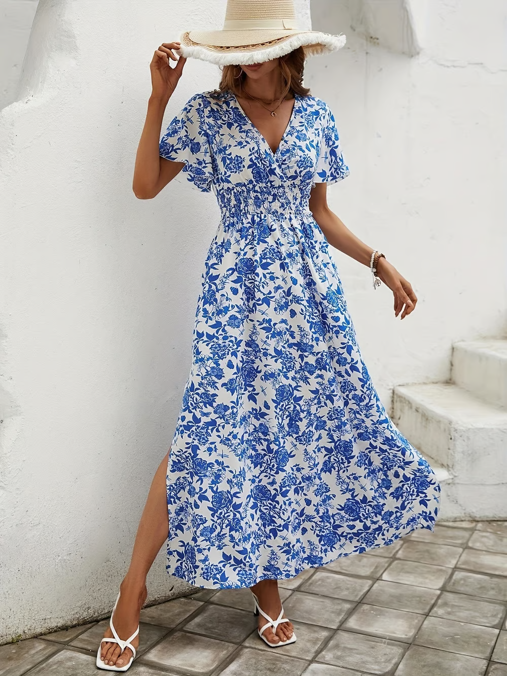 Astrid | Women's Boho Chic Blue Floral Printed V Neck Short Sleeve Maxi Dress