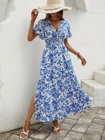 Astrid | Women's Boho Chic Blue Floral Printed V Neck Short Sleeve Maxi Dress