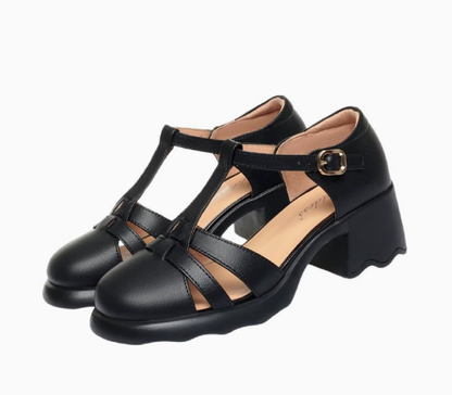 Calantha | Black Leather Orthopedic T-Strap Block Heels