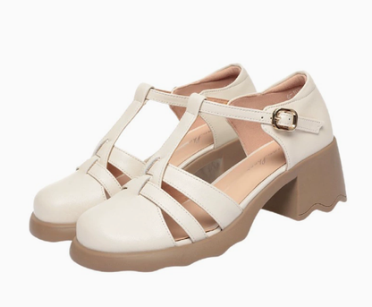 Calantha | Black Leather Orthopedic T-Strap Block Heels