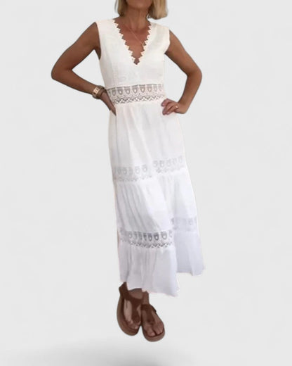 Calista | Exquisite White Lace Trim Midi Dress
