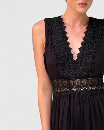 Calista | Exquisite White Lace Trim Midi Dress with V-Neck