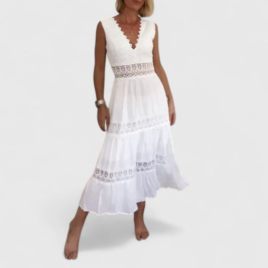 Calista | Exquisite White Lace Trim Midi Dress