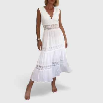 Calista | Exquisite White Lace Trim Midi Dress with V-Neck