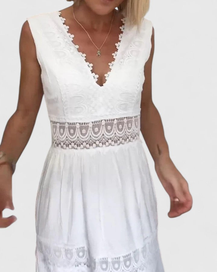 Calista | Exquisite White Lace Trim Midi Dress with V-Neck