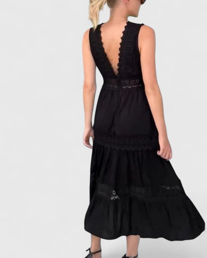 Calista | Exquisite White Lace Trim Midi Dress