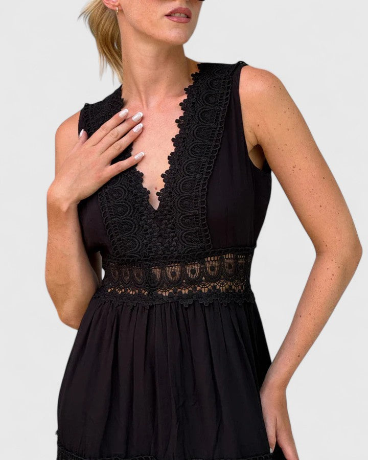 Calista | Exquisite White Lace Trim Midi Dress