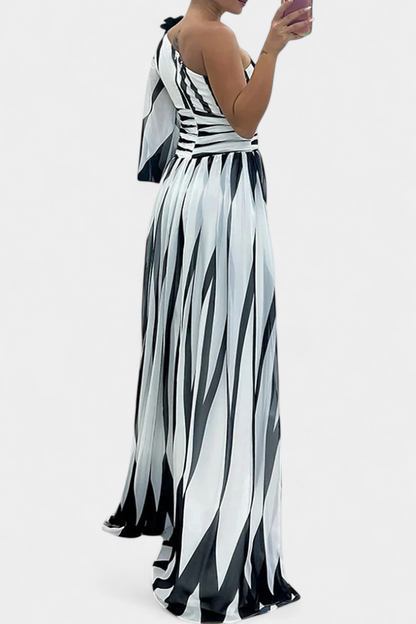 Calantha | Elegant Black & White Striped Sophisticated Maxi Dress