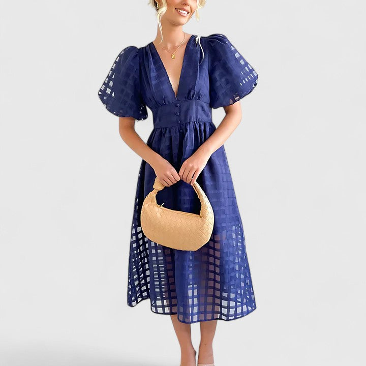 Calista | Black Elegant Midi Dress with Puff Sleeves