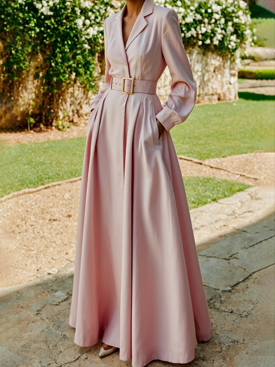Calantha | Elegant Blush Pleated Blazer Midi Dress