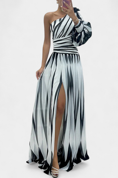 Calantha | Elegant Black & White Striped Sophisticated Maxi Dress