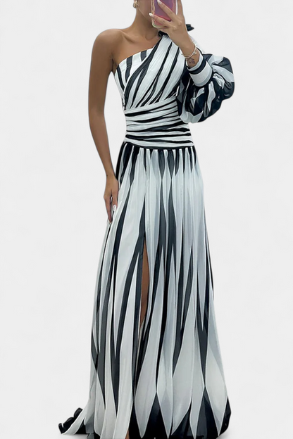 Calantha | Elegant Black & White Striped Sophisticated Maxi Dress