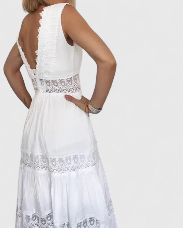 Calista | Exquisite White Lace Trim Midi Dress