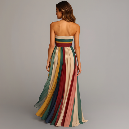 Adriana | Women’s Chic Holiday Glam Striped Pleated Maxi Dress