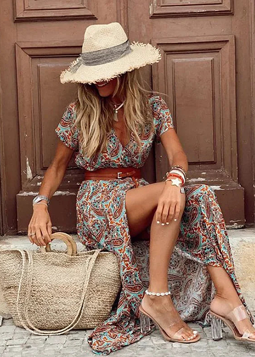 Adriana | Women's Boho Floral Printed Short Sleeve Maxi Dress with Slit