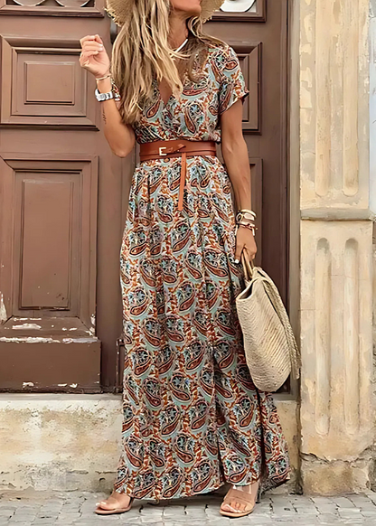 Adriana | Women's Boho Floral Printed Short Sleeve Maxi Dress with Slit
