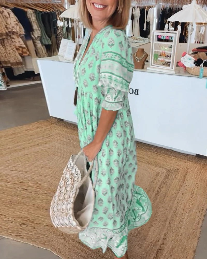 Adriana | Women's Boho Light Blue Printed Tassel Tie Midi Dress
