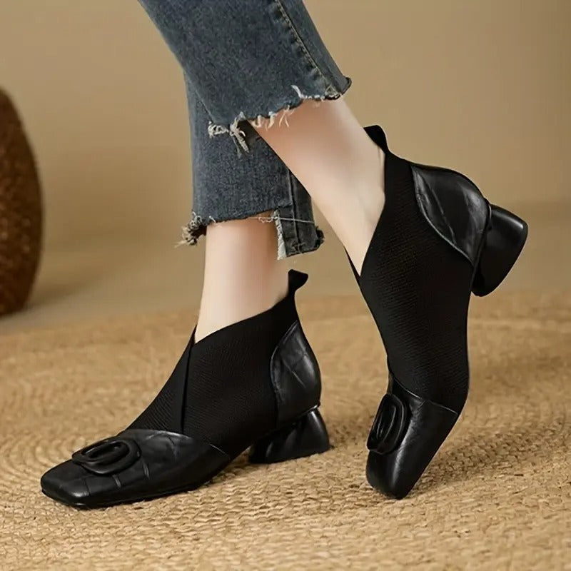Calista | Luxury Brown Knit Ankle Boots with Low Heel