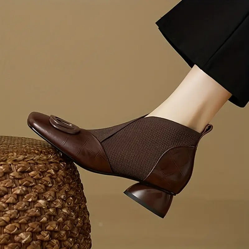 Calista | Luxury Brown Knit Ankle Boots with Low Heel