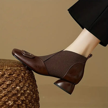 Calista | Luxury Brown Knit Ankle Boots with Low Heel